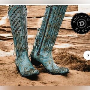 Double D Ranch Stars & Stripes Turquoise Studded Leather High Boots. Women's 7.5